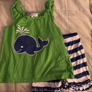 Green Whale Print Kids Top and Shorts Set